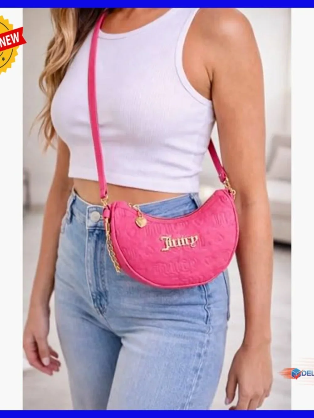 Mini Hobo Bag with Adjustable Crossbody Strap, Gold Hardware, Embossed Logo